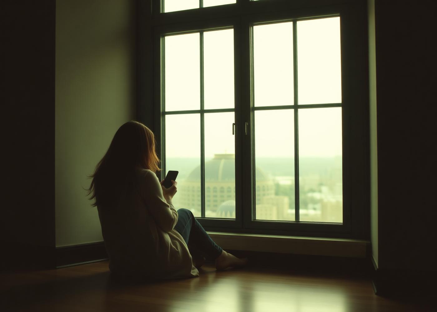 A person sitting quietly by a window with a phone