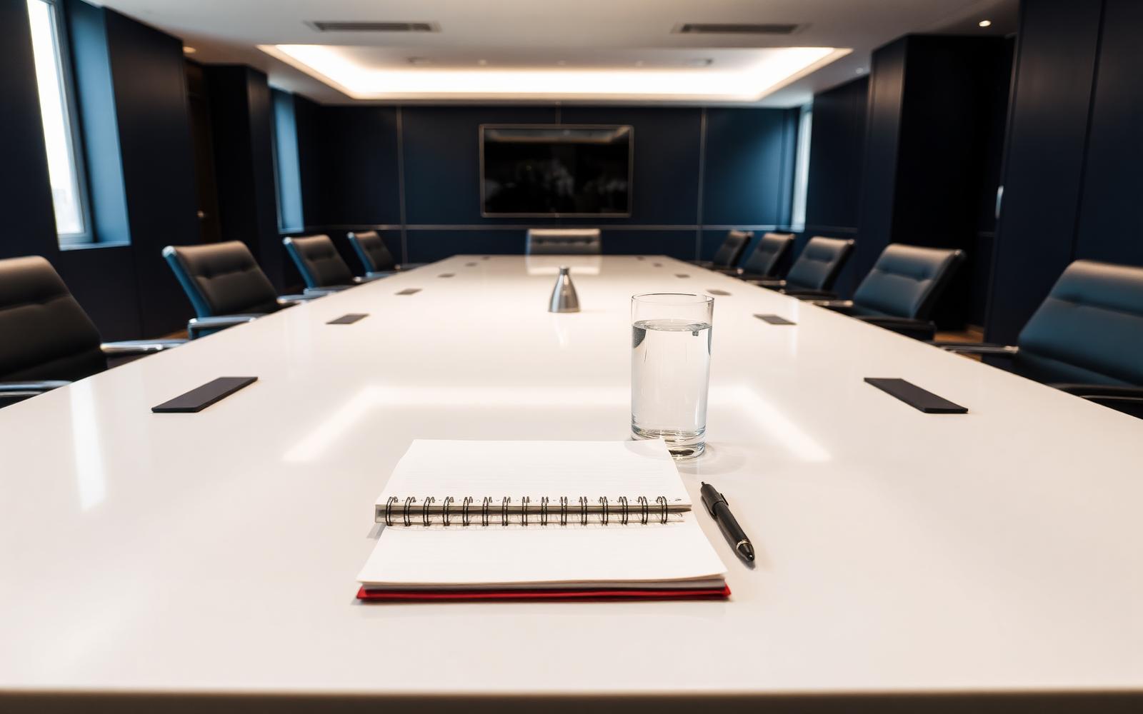 An empty executive boardroom prepared for a meeting