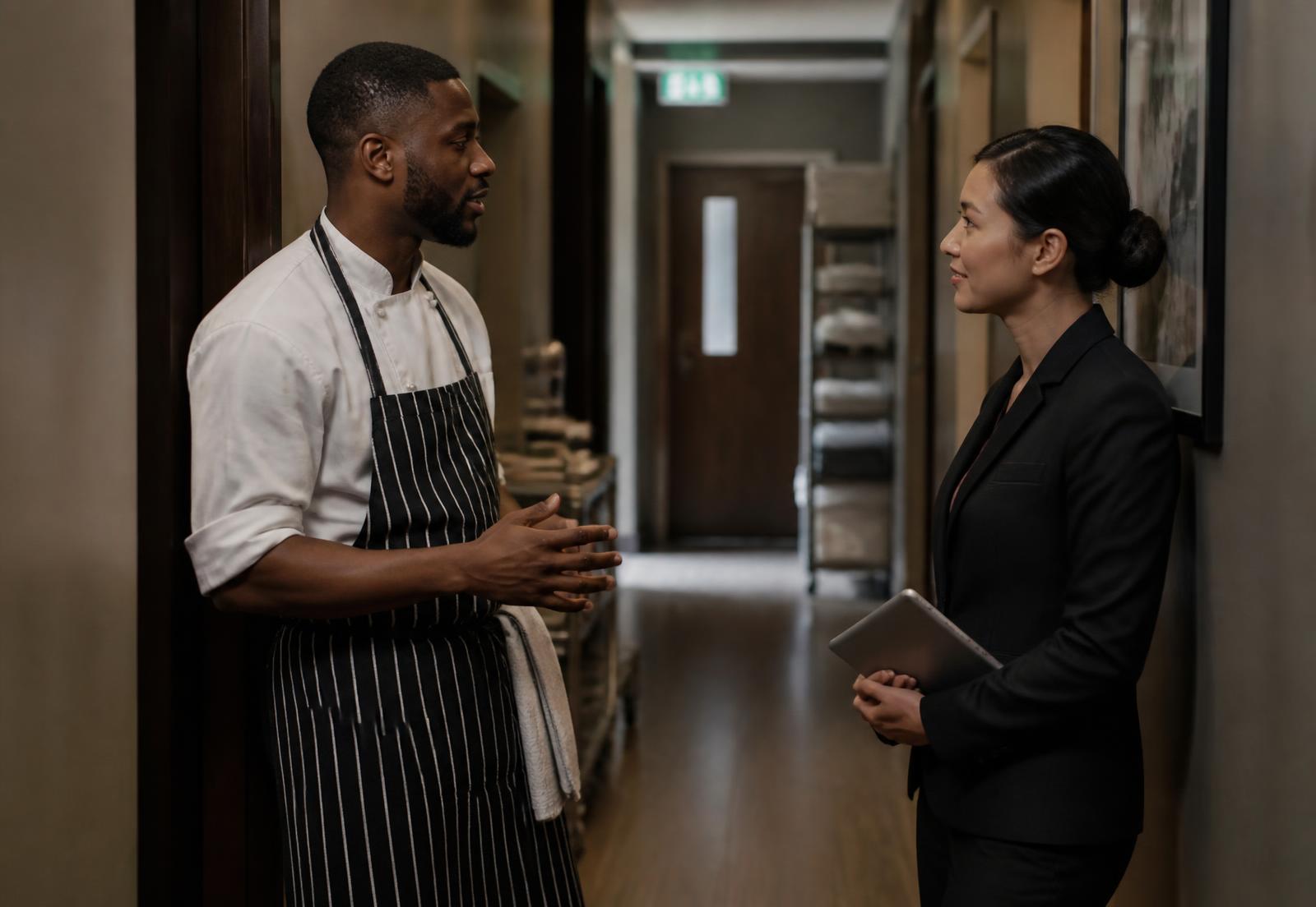 A chef and a hotel manager talking in a back-of-house corridor